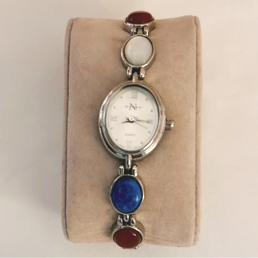 Women's N Moore Silver-toned Watch w/Lapis Lazuli, Mother of Pearl and Car…
